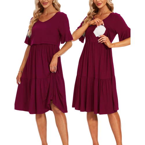 Women's Short Sleeve Ruffle Maternity Nursing Dresses for Breastfeeding