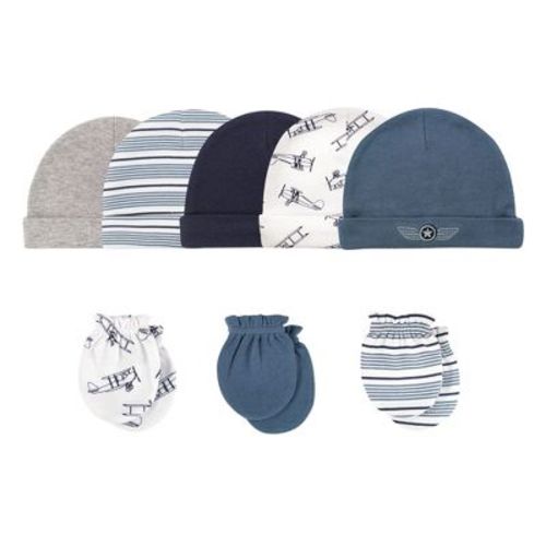 Hudson Baby Infant Boys Cotton Cap and Scratch Mitten 8pc Set, Aviation, 0-6 Months