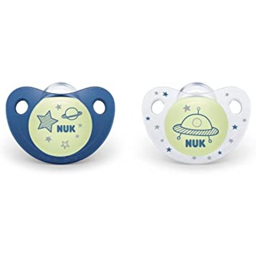 NUK Cute-as-a-Button Glow-in-The-Dark Orthodontic Pacifiers, 6-18 Months, 2 Pack, Baby Boys