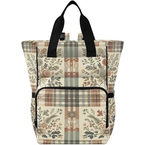 Vintage Floral Plaid Plain Diaper Bag Backpack Waterproof Mom Backpack Travel Tote with Insulated Pockets and Stroller Straps