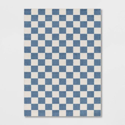 5'x7' Area Kids' Rug Checker Blue - Pillowfort™: Geometric, Fade & Stain-Resistant, Medium Pile