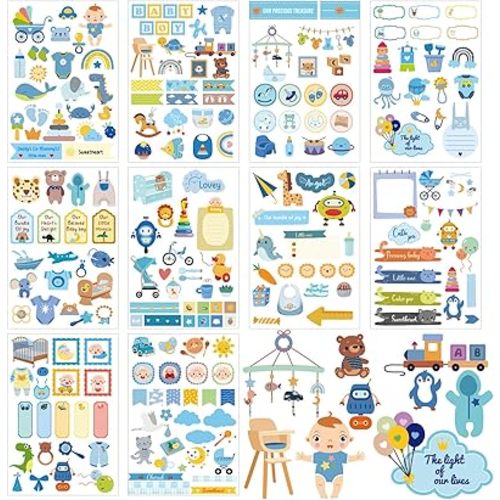 10 Sheets Baby Boy Scrapbook Stickers, Various Designs Toddler Decals Adorable Scrapbook Supplies for Newborn Memory Keeping, Baby Boy Shower, Pregnancy Planner & First Year Journaling