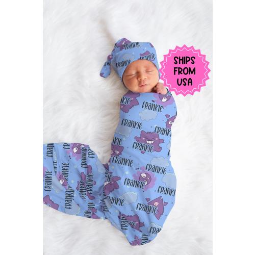 Personalized swaddle ghost Pokemon baby cosplay, hospital reveal outfit, baby shower gift, pokemon receiving blanket, gamer baby gift