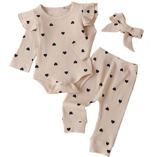 Fullfamous Baby Girl's 3pc Rib Frill Long Sleeve Romper and Pant Set