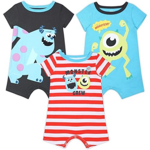 Disney Monsters Inc. Mike and Sully Boys 3-Pack Baby Romper Short Set for Newborn and Infants