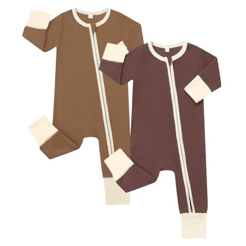 Bafeicao Baby Boy Girl 2 Pack Rompers with Mitten Cuffs, Ribbed Cotton 2 Way Zipper Romper One Piece Jumpsuits Clothes