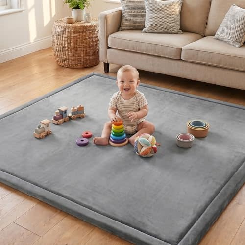 Ultra Soft Baby Play Mat for Floor, 1.3" Thick Memory Foam Tummy Time Mat, 50"x50" Non-Slip Playpen Mat, Baby Playroom Rug, Crawling Mat for Babies,Toddlers, Infants, Kids, Dark Grey