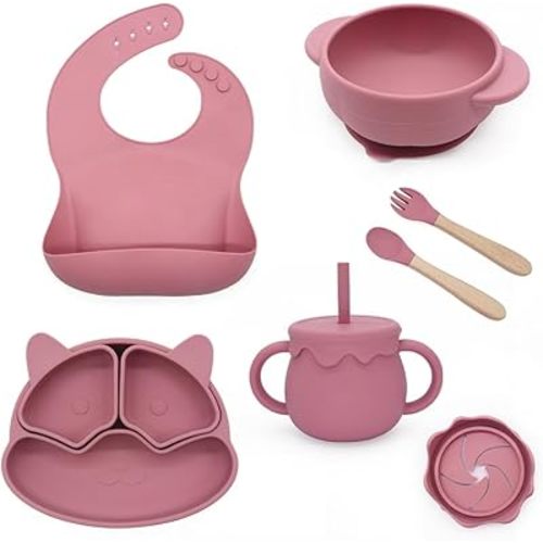Baby Feeding Essentials, Baby Led Weaning Supplies, Silicone Baby Feeding Set, with Baby Spoon, Fork, Baby Bib, Sippy Cup, Suction Plate, Suction Bowl, Baby Eating Essentials, 6+ Months (Dark Pink)