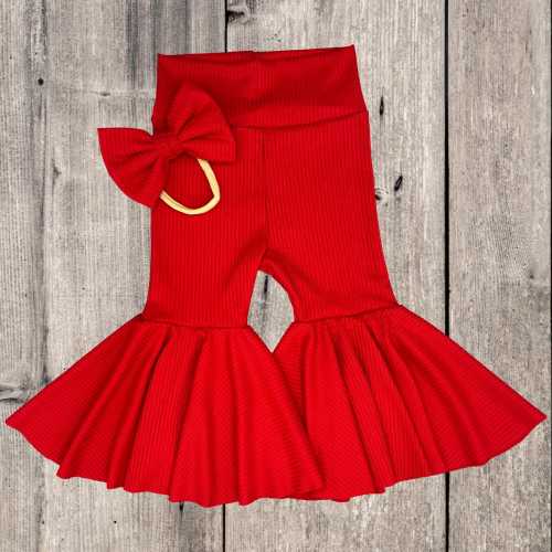 Red Bell Bottoms & Bow Set/ Baby Bell Bottoms/ Baby Flare Pants/ Toddler Valentines Day Bell Bottoms/ Stetchy Baby Bells/ Christmas Outfit