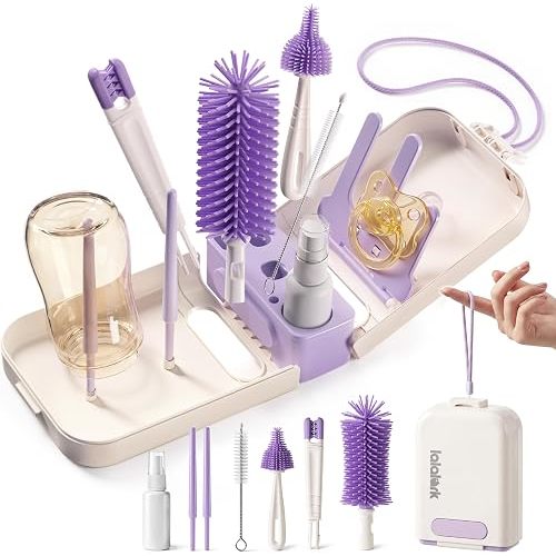 lalalark 7-in-1 Portable Baby Bottle Brush Kit, Silicone Cleaner, Purple
