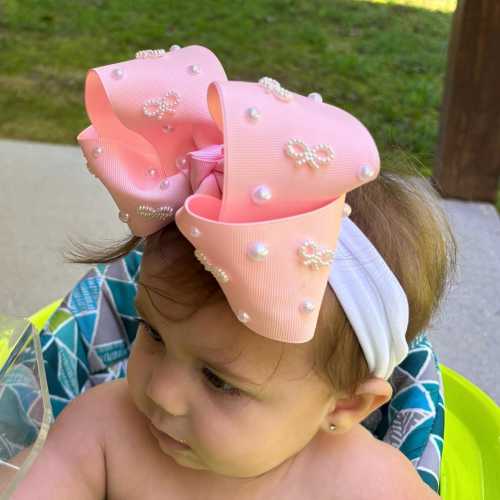 Light Pink Boutique Hair Bow with white pearls and white bow Onederful Birthday Bow Two Fancy Birthday Bow Bowtiful First Birthday Bow