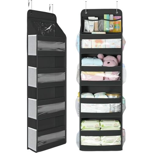 Yecaye 5 Tier 1Pc Over the Door Organizer, Swing-proof Door Organizer Hanging with Clear PVC Windows, Behind the Door Storage for Bedroom Nursery Closet Laundry Pantry Bathroom, Black
