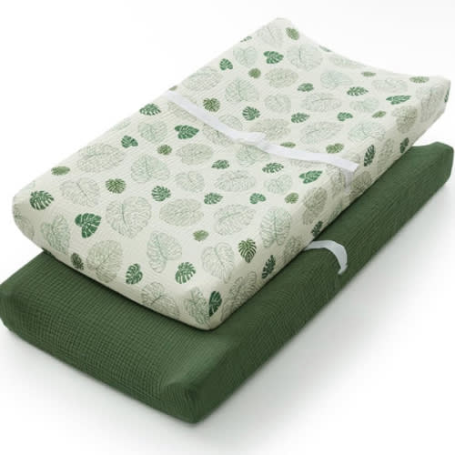 Blissful Diary Muslin Changing Pad Cover for Girls Boys, Ultra Soft Breathable Cotton, Baby Diaper Change Table Pad Covers, 2Pack (Monstera Leaves&Dark Green)