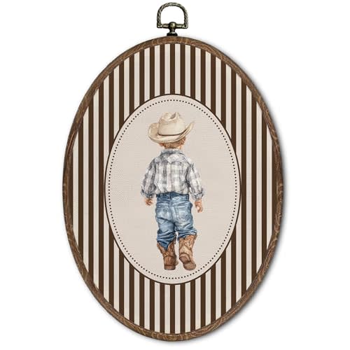 FLAWAFLOMA Western Cowboy Oval Wall Art Decor, Kids Room Canvas Wall Art Framed, Little Cowboy Hanging Decorations for Kids Toddler Boy Nursery Room Bedroom Playroom Decor, 8.6x11.4 Inch