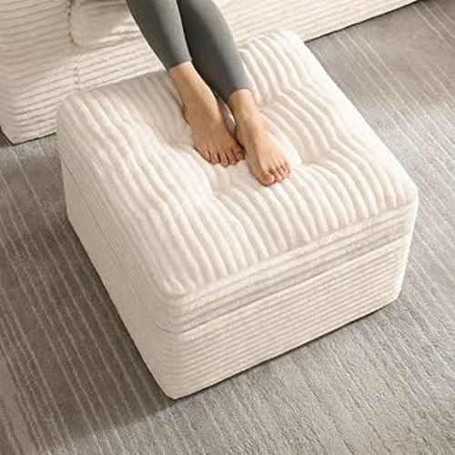 23.6in Pouf Ottoman, Corduroy Ottoman Foot Rest with Dual‑Layer Support, Large Poofy Pouf with Soft Chunk‑Foam Top & Firm Foam Base, Floor Foot Stool for Living Room, Beige
