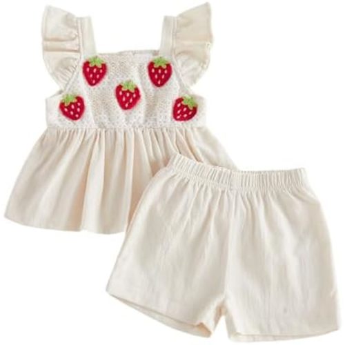 Conjunto de camiseta sin mangas con bordado de fresa para niña, camiseta sin mangas y pantalones cortos para el verano