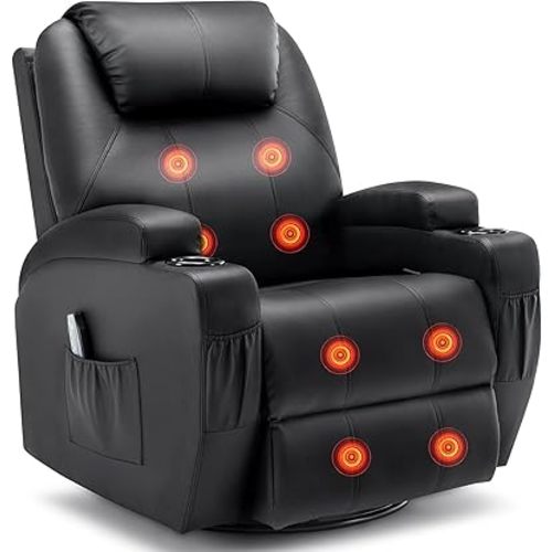 Recliner Chair, Rocking Chair with Massage and Heat, 360° Swivel Recliner Chairs for Adults, Rocker Manual Recliner with Remote Control and Cup Holder for Living Room, Bedroom, Nursery