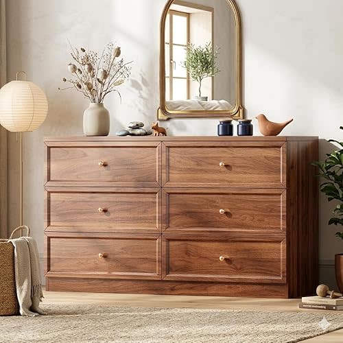 VIXTEIUE Walnut Dresser for Bedroom, 6 Drawer Wood Chest of Drawers, Drawer Organizer for TV Stand, 47inch Modern Wooden Bedroom Furniture Set for Closet, Living Room, Nursery