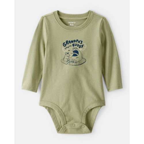 Baby Boy Grandpa's Lunch Buddy Frog Cotton Long-Sleeve Graphic Bodysuit - Green | Carter's