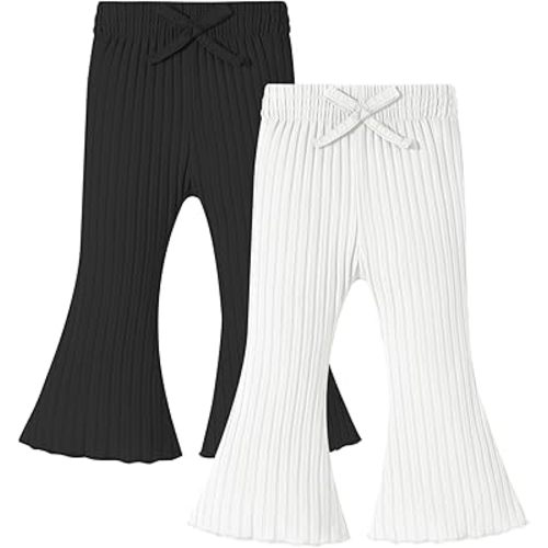 2 Pack Toddler Baby Girl Pants Flare Leggings Soft Ribbed Elastic Bow Waist Solid Infant Girl Ruffle Bell Bottoms