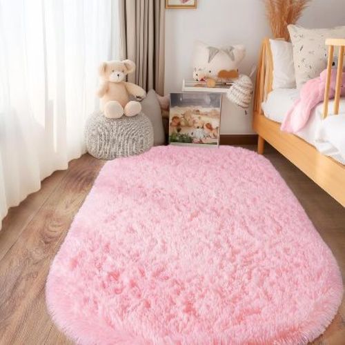LOVEVOOK Soft Fluffy Oval Area Rug for Bedroom, Shaggy Pink Rugs for Bedside, Non-Slip Plush Carpet for Kids Room Nursery Living Room 2.6x5.3 Feet
