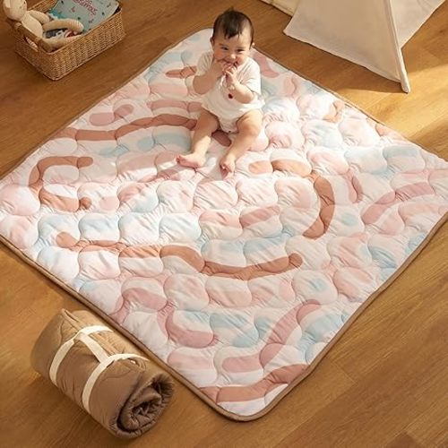 Momcozy Baby Play Mat for Floor, 50x50 Thickened Playpen Mat, Playmate for Baby Tummy Time, Waterproof & Non-Slip, Foldable Outdoor Mat with Carrying Handle, Crayon