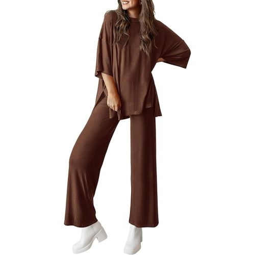 PRETTYGARDEN Two Piece Sets for Women Lounge Matching Set | Summer Fashion Airport Travel Outfit, Short Sleeve Oversized Tshirts, Wide Leg Pants Pockets, Spring Cruise Vacation Clothes