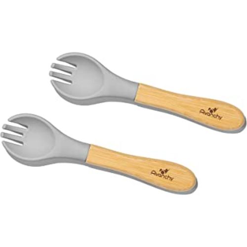 Avanchy Baby Fork Set, Bamboo and Silicone Spork Utensils, Toddler Baby Led Weaning Silverware Cutlery Flatware, Kids First Self Feeding, 2 Pack, Gray
