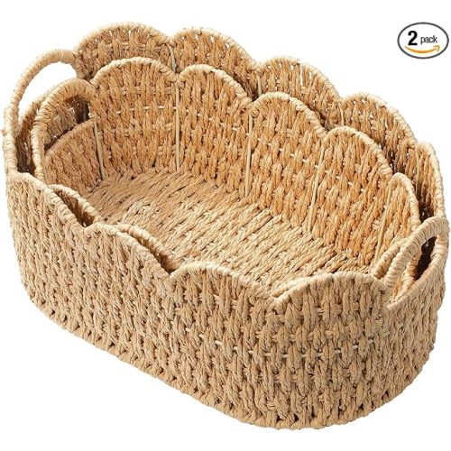 Paper Rope Scalloped Basket Set of 2,Woven Storage Baskets for Shelves,Laundry,Towels,Clothes,Books,Toys,Cute Decor Baskets for Organizing,Natural Color