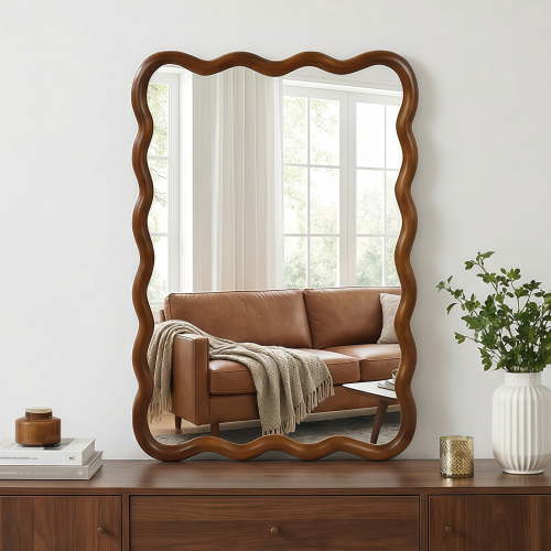 Leumius 24"x36" Wavy Rectangle Mirror, Solid Wood Frame Decorative Mirror for Bedroom Bathroom Living Room Entryway Dark Walnut