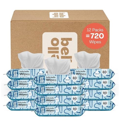 Hello Bello Premium Wipes, Designed for Sensitive Skin with Chamomile & Aloe Extracts, Simply Sage (12 Resealable Packets = 720 Total Wipes)