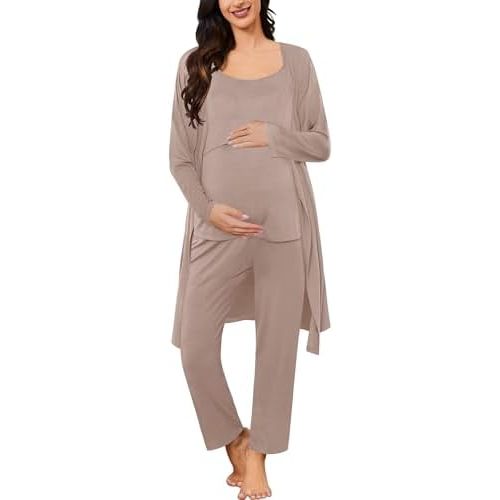 SWOMOG Maternity Nursing Robe Set 3 PCS Postpartum Pajamas Breastfeeding Pregnancy Robe & Camisole & Pants