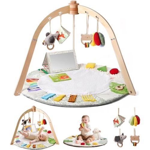 Macabaka Wooden Baby Play Gym & Tummy Time Playmat – Montessori Sensory Activity Mat with 6 Developmental Toys for Fine Motor Skills – for Newborns to Toddlers (0–12M+)