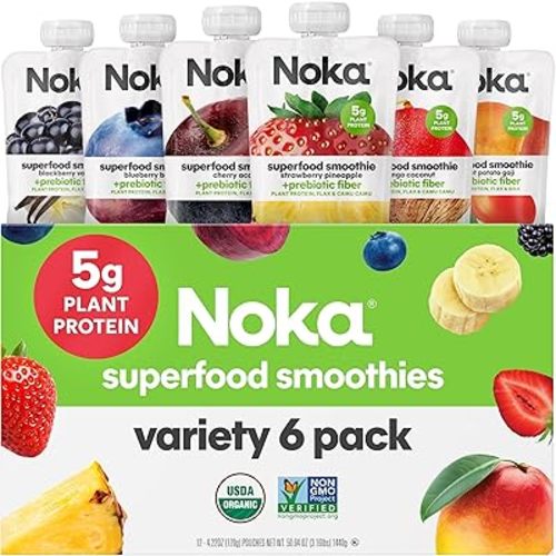 Noka Superfood Fruit Smoothie Pouches Variety Pack, Healthy Snacks with Flax Seed, Plant Protein and Prebiotic Fiber, Vegan and Gluten Free Snacks, Made in USA, Organic Squeeze Pouch, 4.22 oz, 6 Count