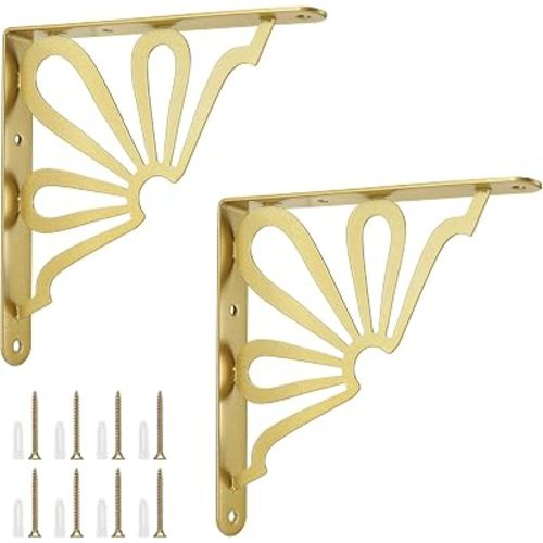 Lounsweer 2 Pcs 8inch Decorative Gold Shelf Bracket Heavy Duty Wall Mounted Support Modern Metal Floating L Shaped Shelf Rack with Hardware for DIY Kitchen Shelving Wall Decor