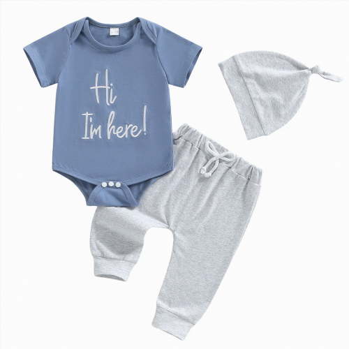 JUMEYU Boy Baby Clothes Summer Boys Clothing Sets Infant Baby Boy Letter Bodysuit Romper and Long Pants Newborn Coming Home Outfit Cute Clothes Sets 0 3 6 9 12 18 24 Months (Blue,0-3 Months)