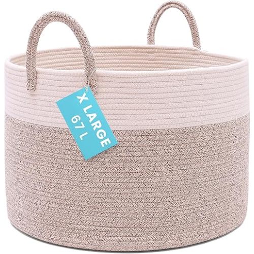 OrganiHaus Large Woven Storage Basket for Blankets and Toys 20" x 13" Inch, Rope Laundry Basket with Handles, Cushions & Pillows Storage Bin, Nursery Hamper, Soft Round Dog Toy Bin - Brown/Off-White