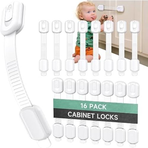 Infinno 16 Pack Cabinet Locks Baby Proofing Heavy Duty - Child Safety Cabinet Locks for Drawers, Cupboards & Fridge – No Drill 3M Adhesive Locks for Pets - Toddler Safety Latches