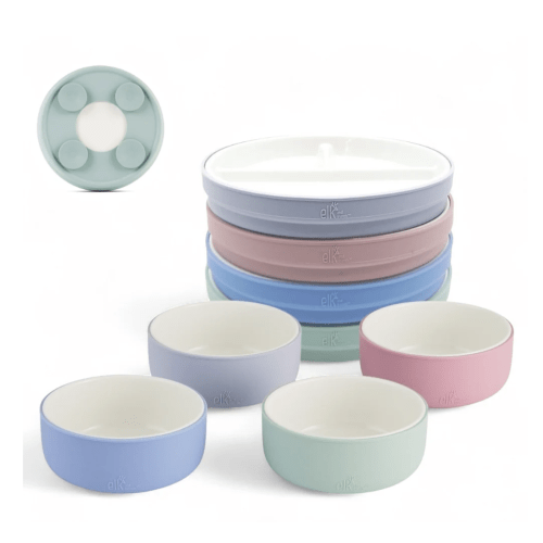 Porcelain Mealtime Bundle | Suction Sleeves | 6.7" Plates + Bowls | 8 Pcs | Blush/Lilac/Sage/Misty Blue