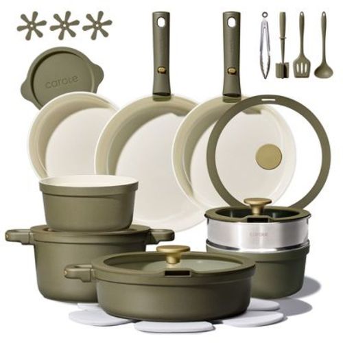 Carote 28pc Ceramic Nonstick Detachable Cookware Set With Lids and Tools Olive Green
