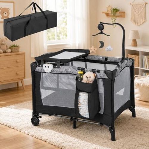 Pack and Play Playard with Removable Changing Table and Mattress, Beige and Gray