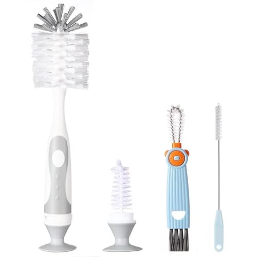 5-in-1 Baby Bottle Cleaner Set, Including Nylon & Silicone Bottle Brush, Cap, Straw & Nipple Brushes, BPA-Free (Grey)