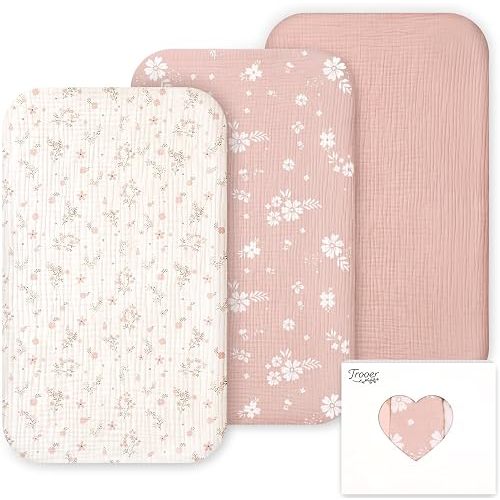 3 Pack Muslin Bassinet Sheets for Bedside Sleeper, 33" x 21", Pink Floral
