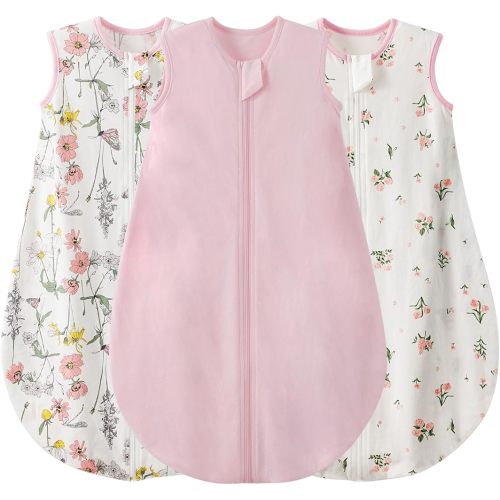 Duomiaomiao 3 Pack Baby Sleep Sack 100% Organic Cotton Wearable Blanket Lightweight Breathable Comfy Toddler Sleeping Bag (0.5tog Flowers, Large)
