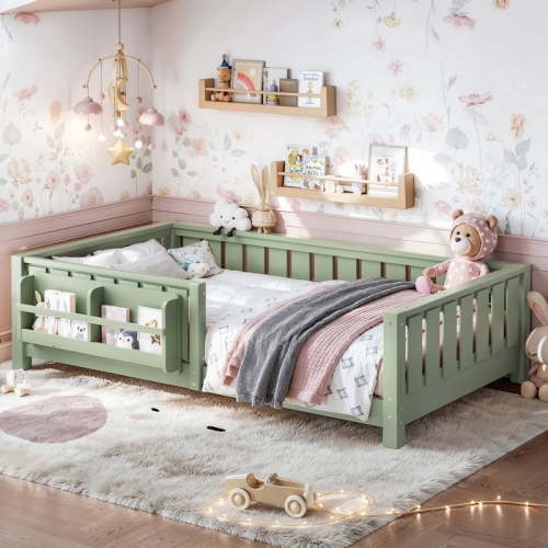 Bellemave Twin Size Montessori Floor Bed with Storage Bookshelf and Guardrail, Wooden Platform Bed with Fence, No Box Spring Needed, Green