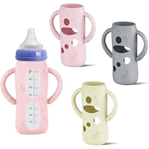 Lionpower 3 Pack Silicone Sleeves for Lansinoh Glass Bottles (Old Style) 8oz – Protective Covers with Handle, Non-Slip Baby Bottle Holder, Compatible with Lansinoh Bottles (Grey+Pink+Beige(8OZ))