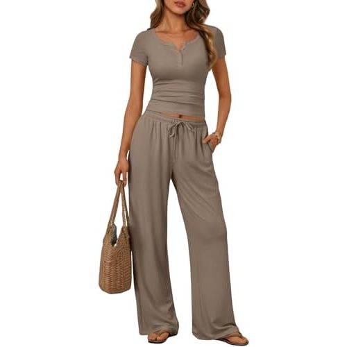 Trendy Queen Women's 2 Piece Matching Lounge Sets Summer Henley Neck Slightly Crop Top Wide Leg Pants Casual Sweat Suit