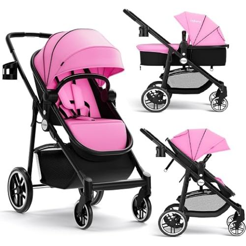 INFANS 2 in 1 Baby Stroller, High Landscape Infant Stroller & Reversible Bassinet Pram, Foldable Pushchair with Adjustable Canopy, Storage Basket, Cup Holder, Suspension Wheels (Pink)