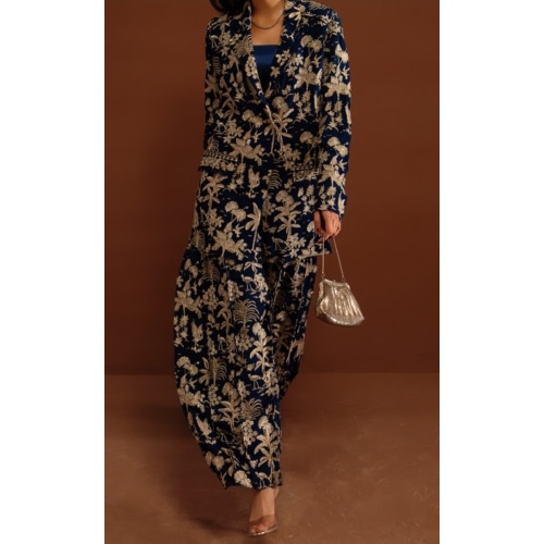 Midnight blue thread embroidered jacket set