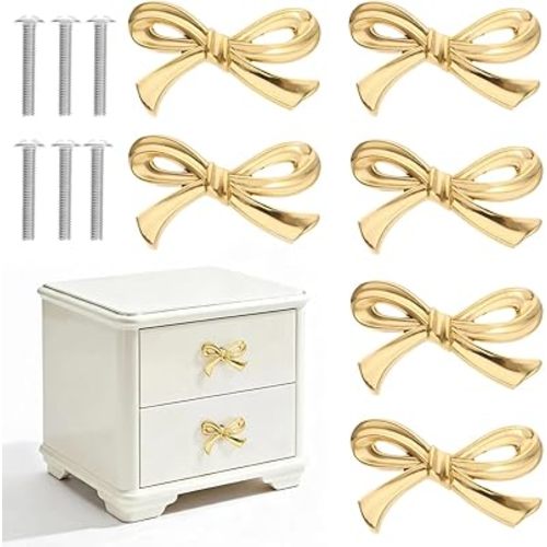 iplusmile 6Pcs Bow Cabinet Knobs, Vintage Gold Dresser Drawer Handles, Bowknot Shape Decorative Furniture Door Pulls for Dresser Cupboard Drawer Wardrobe